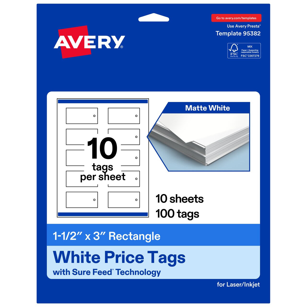 Avery Printable Rectangle Price Tags, Sure Feed Technology, 1-1/2" x 3", Matte White Cardstock, Print-to-The-Edge, Laser/Inkjet Printable, 100 Total